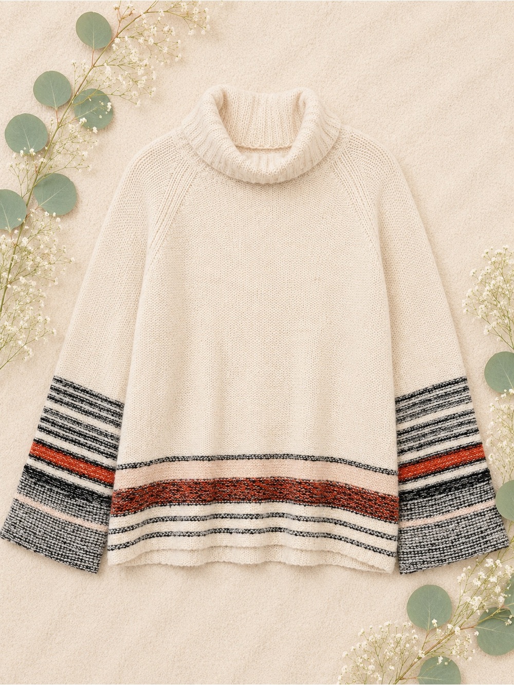 Caslon Cream Striped Turtleneck Sweater | Cozy Oversized Knit | Size Medium